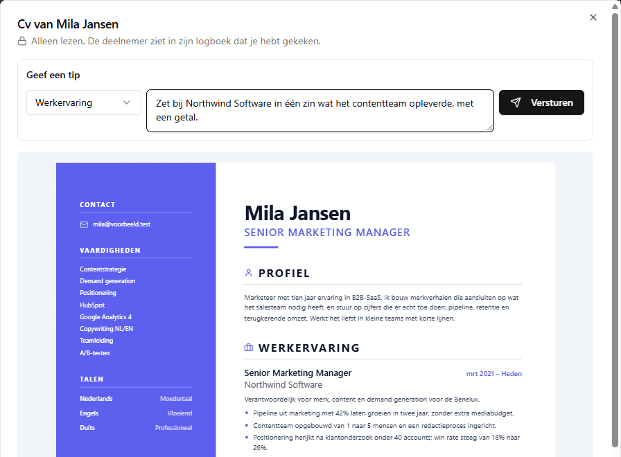 Het cv van een verzonnen deelnemer, alleen lezen, met bovenaan het blok Geef een tip: het onderdeel Werkervaring gekozen en een tip ingetypt.