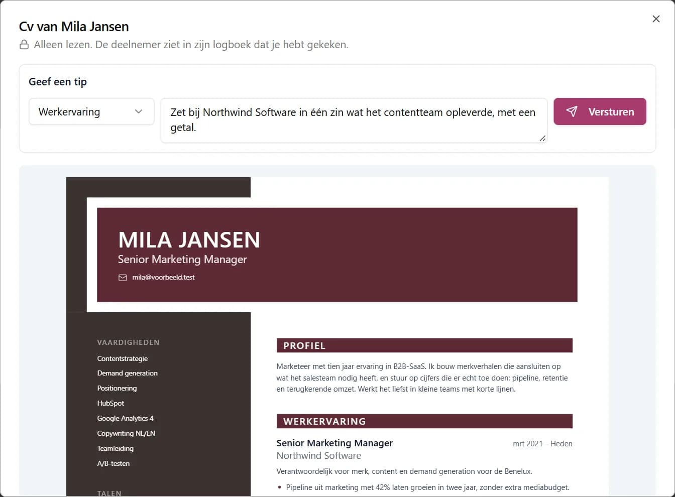 Het cv van een verzonnen deelnemer, alleen lezen, met bovenaan het blok Geef een tip: het onderdeel Werkervaring gekozen en een tip ingetypt.