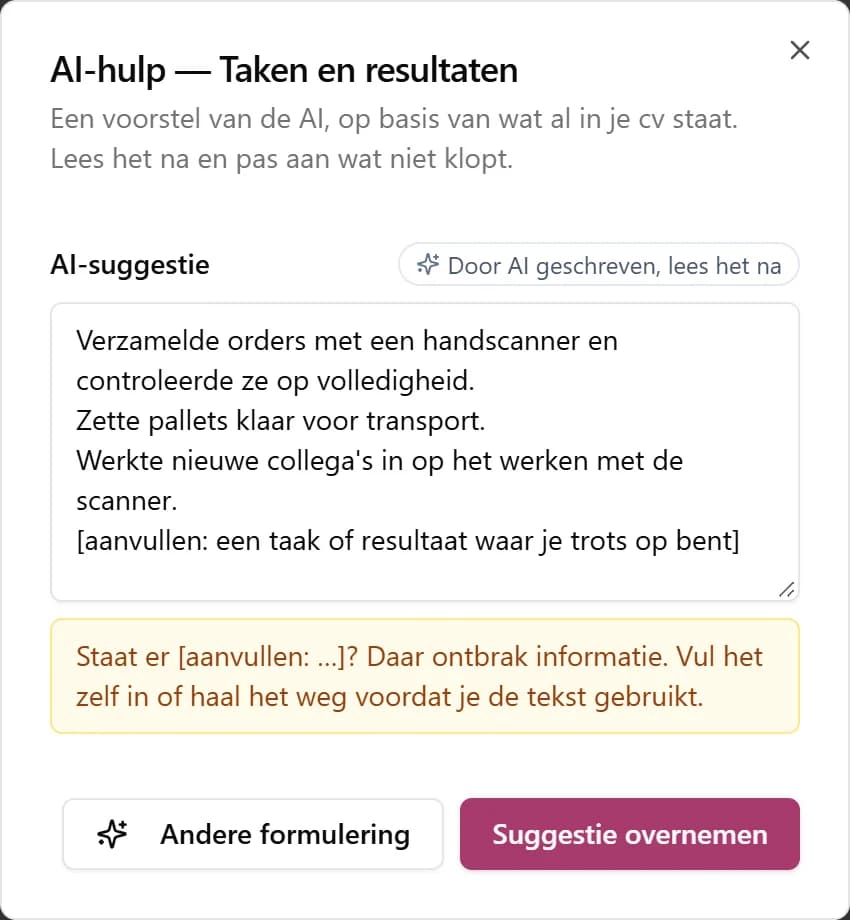 Een voorstel van de schrijfhulp met drie zinnen en een regel [aanvullen], met de knoppen Andere formulering en Suggestie overnemen.