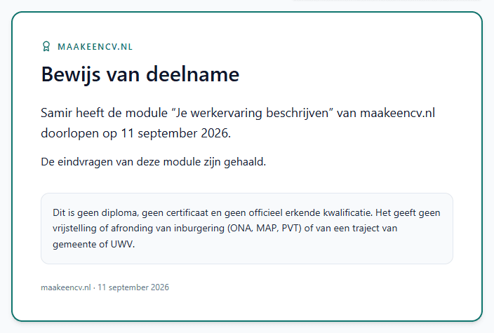 Een bewijs van deelname: Samir heeft de module Je werkervaring beschrijven doorlopen en de eindvragen gehaald, met eronder de zin dat dit geen diploma of erkende kwalificatie is.