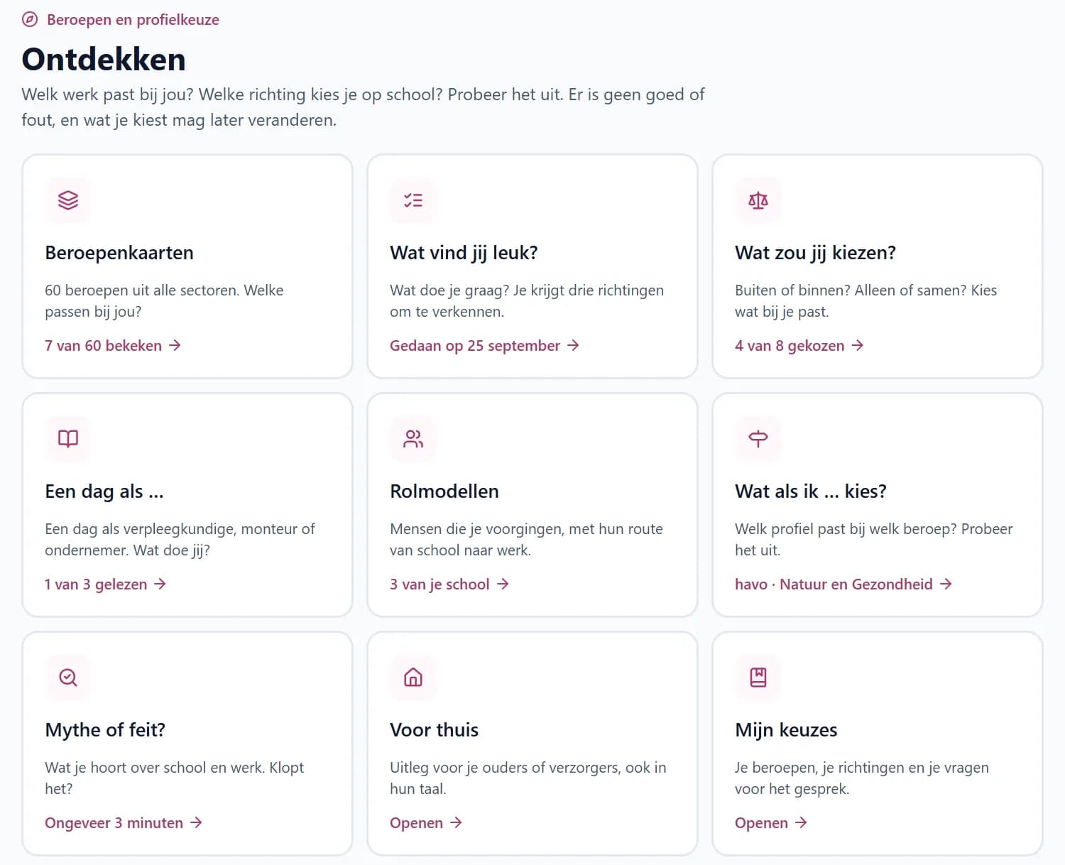 Het overzicht Ontdekken van een leerling: negen tegels, van Beroepenkaarten, Wat vind jij leuk? en Wat zou jij kiezen? tot Rolmodellen, Wat als ik … kies?, Mythe of feit?, Voor thuis en Mijn keuzes, elk met hoe ver de leerling is.