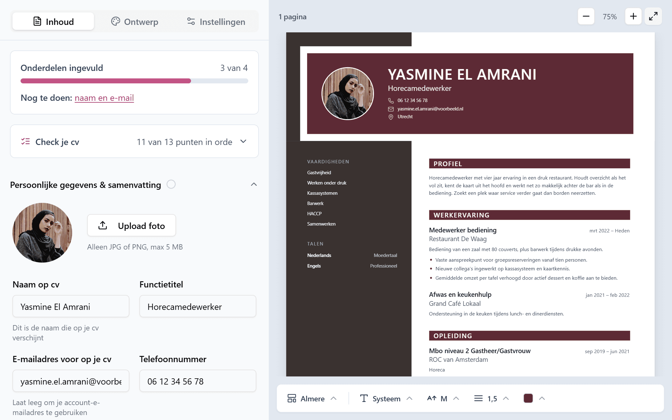 De editor van maakeencv.nl op een computer: links de invulvelden, rechts het cv van een voorbeeldpersoon.